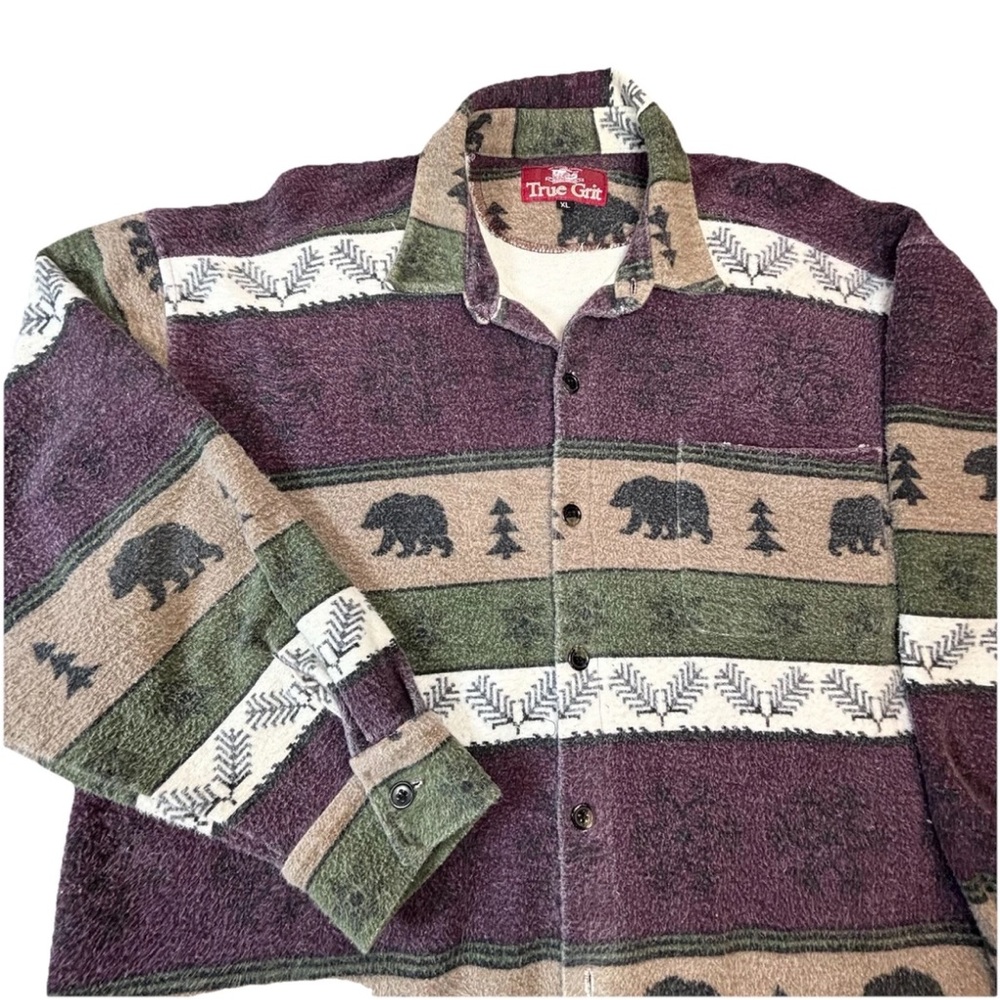 True Grit Flannel Shirt Grizzly Bear Print Men’s Xl Burgundy‎ Tan
